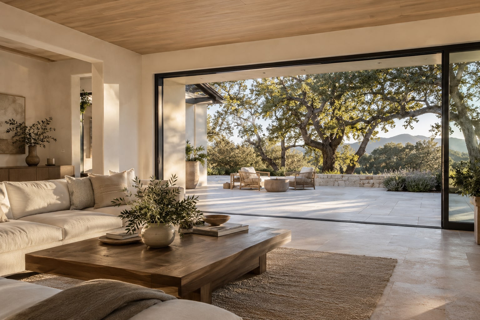 Design inspiration: an oak and limestone living room opening onto a sunlit California terrace